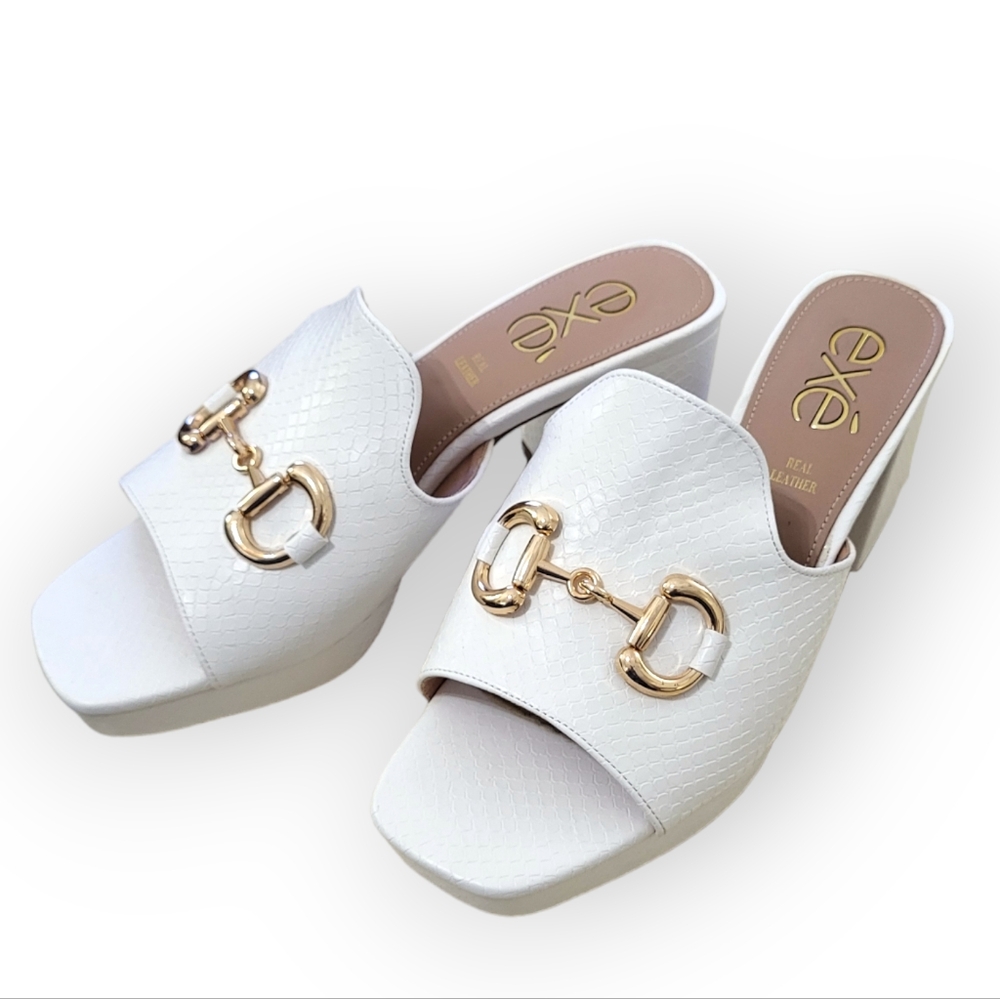 EXE Lina Platform Mules with Chunky Heel White Snakeskin Gold Horse Bit 8.5